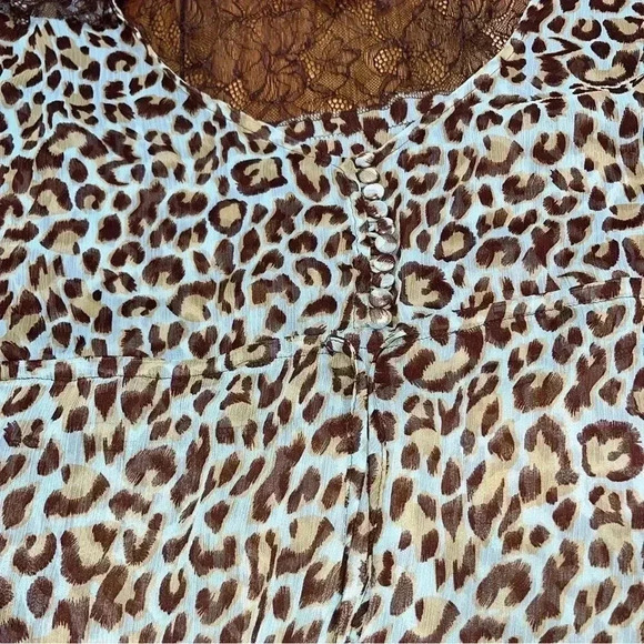 BCBG MAXAZRIA SHEER LEOPARD PRINT BLOUSE,  CINCHED WAIST LACE EMBELLISHMENTS - Picture 7 of 11